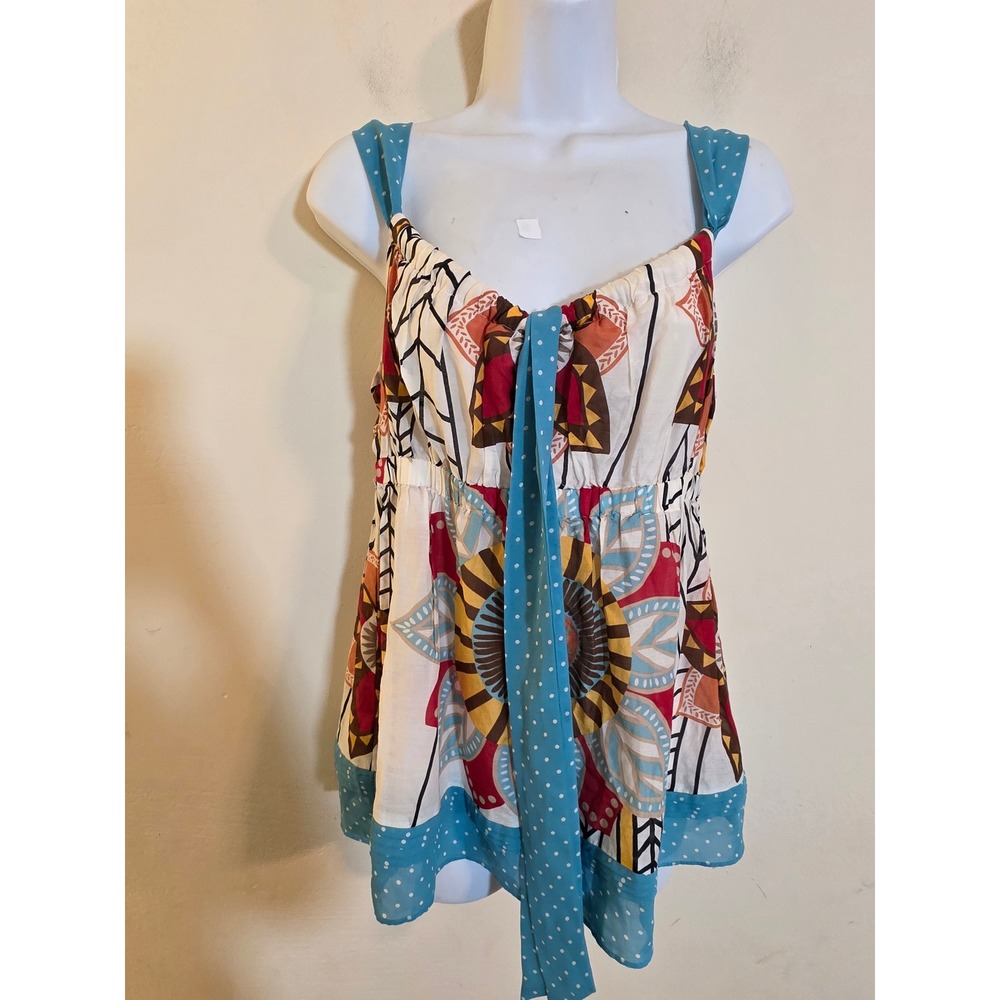 Trulli Silk Blend Boho Floral Polka Dot Babydoll Camisole Top Small Blue Red